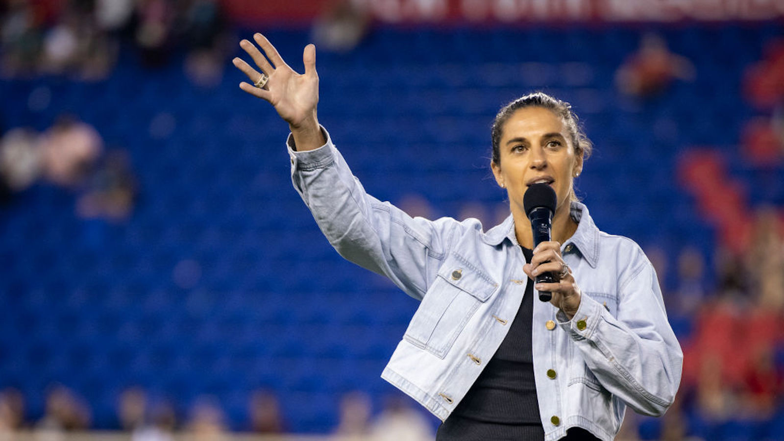 2-time FIFA World Cup Winner and investor in NJ/NY Gotham FC emcees the World Cup Send Off for the players going to represent their countries in the 2023 FIFA World Cup after the National Women's Soccer League Match between the Chicago Red Stars and NJ/NY Gotham FC at Red Bull Arena on June 25, 2023 in Harrison, New Jersey.