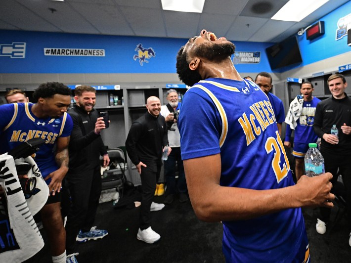 PROVIDENCE, RHODE ISLAND - MARCH 20: Sincere Parker #21 of the McNeese Cowboys celebrates their win over the Clemson University Tigers during the first round of the 2025 NCAA Men’s Basketball Tournament held at Amica Mutual Pavillion on March 20, 2025 in Providence, Rhode Island.