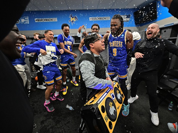 PROVIDENCE, RHODE ISLAND - MARCH 20: The McNeese Cowboys celebrate their win over the Clemson University Tigers during the first round of the 2025 NCAA Men’s Basketball Tournament held at Amica Mutual Pavillion on March 20, 2025 in Providence, Rhode Island.
