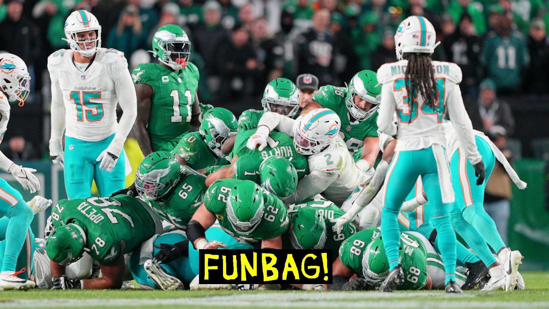 Philadelphia Eagles run the tush push for a first down during the game between the Miami Dolphins and the Philadelphia Eagles on October 22, 2023 at Lincoln Financial Field.