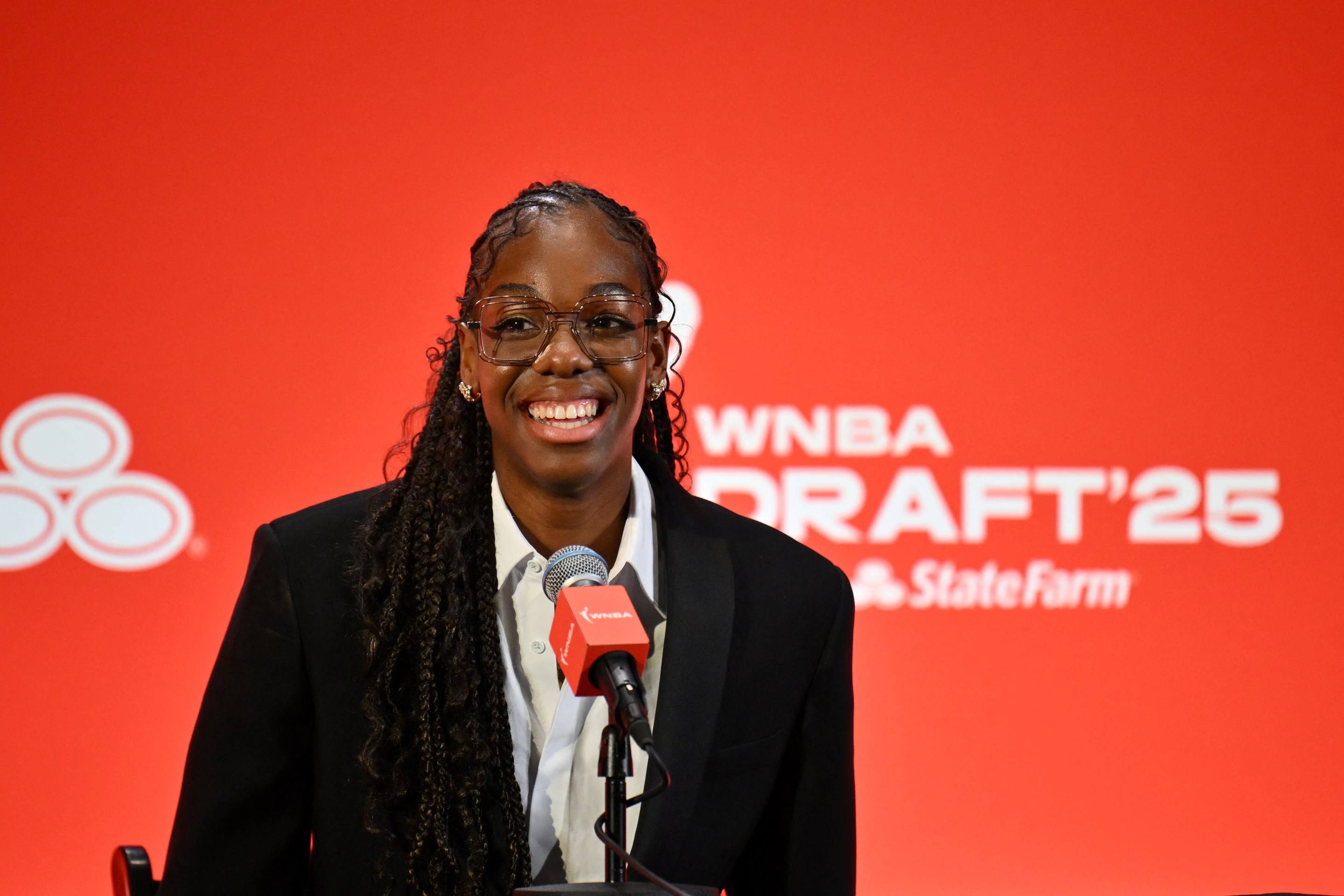 French player Dominique Malonga speaks to the press during the 2025 WNBA Draft at the Shed in New York City on April 14, 2025.