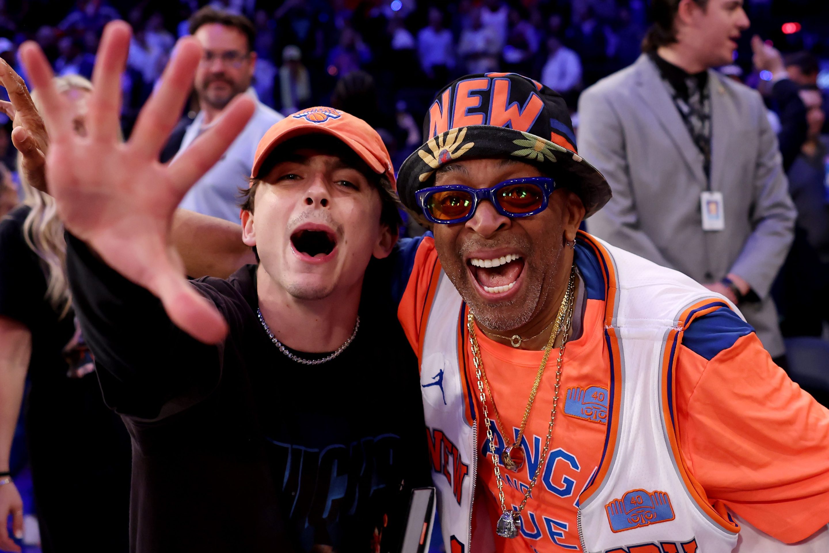 Actor Timothee Chalamet and director Spike Lee celebrate after the New York Knicks defeated the Boston Celtics in Game Four of the Eastern Conference Second Round NBA Playoffs at Madison Square Garden on May 12, 2025 in New York City.
