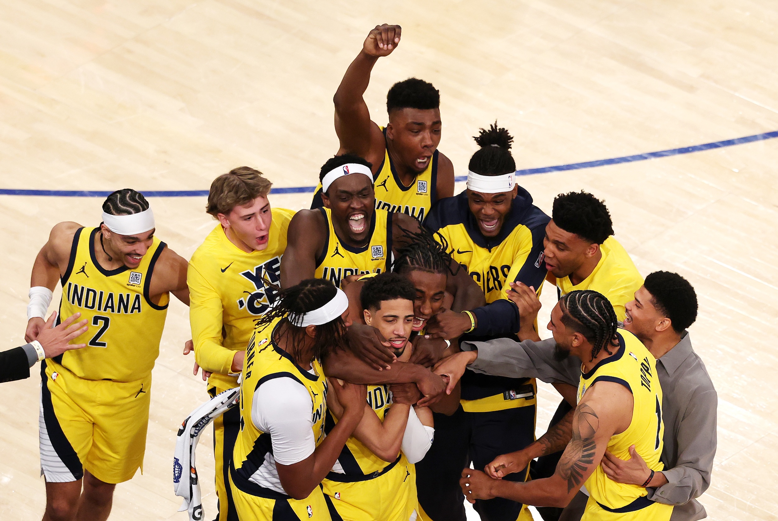 The Pacers celebrate Tyrese Haliburton's buzzer-beater.