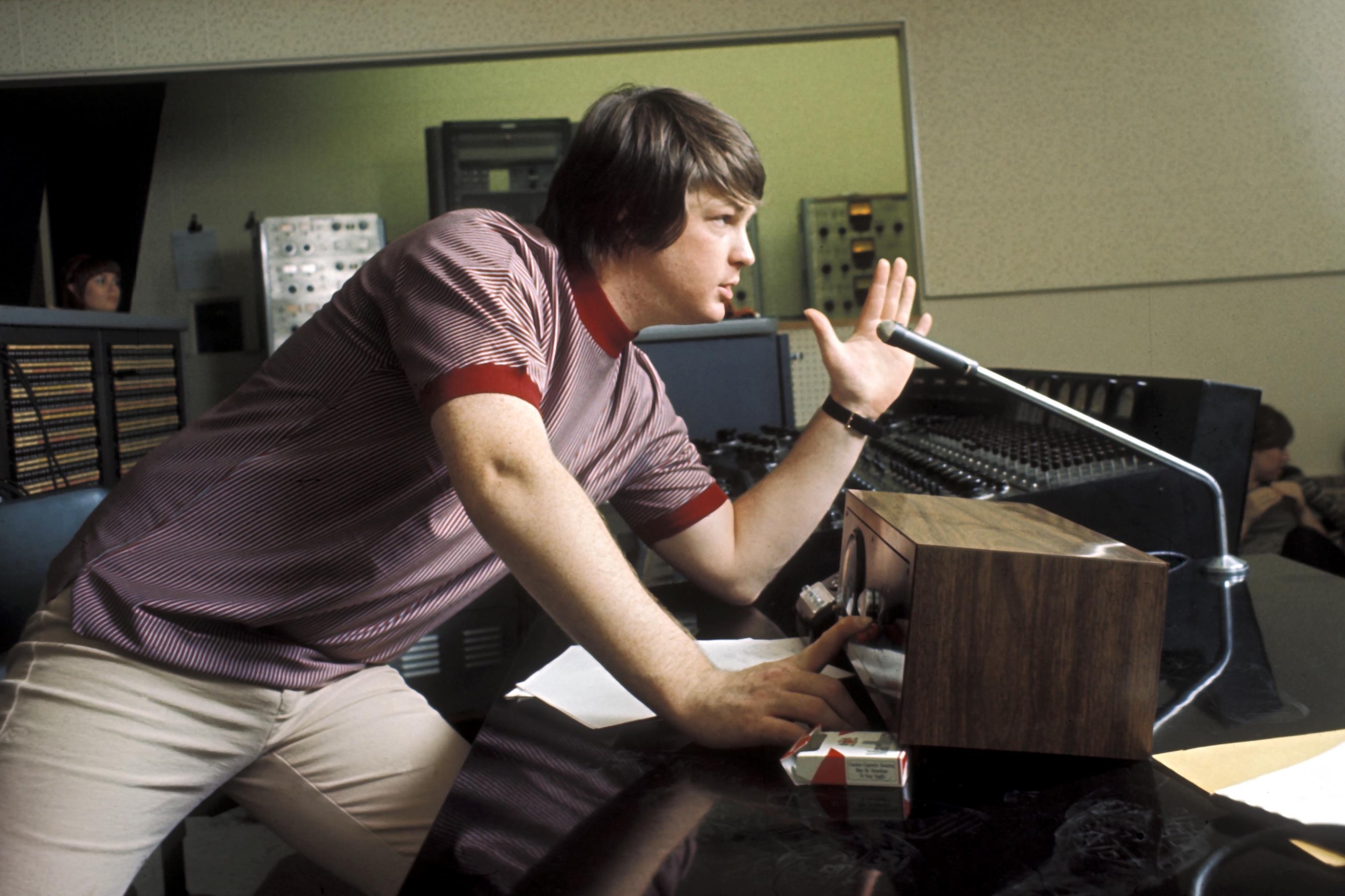 LOS ANGELES - 1966: Singer and mastermind Brian Wilson of the rock and roll band "The Beach Boys" directs from the control room while recording the album "Pet Sounds" in 1966 in Los Angeles, California. (Photo by Michael Ochs Archives/Getty Images)