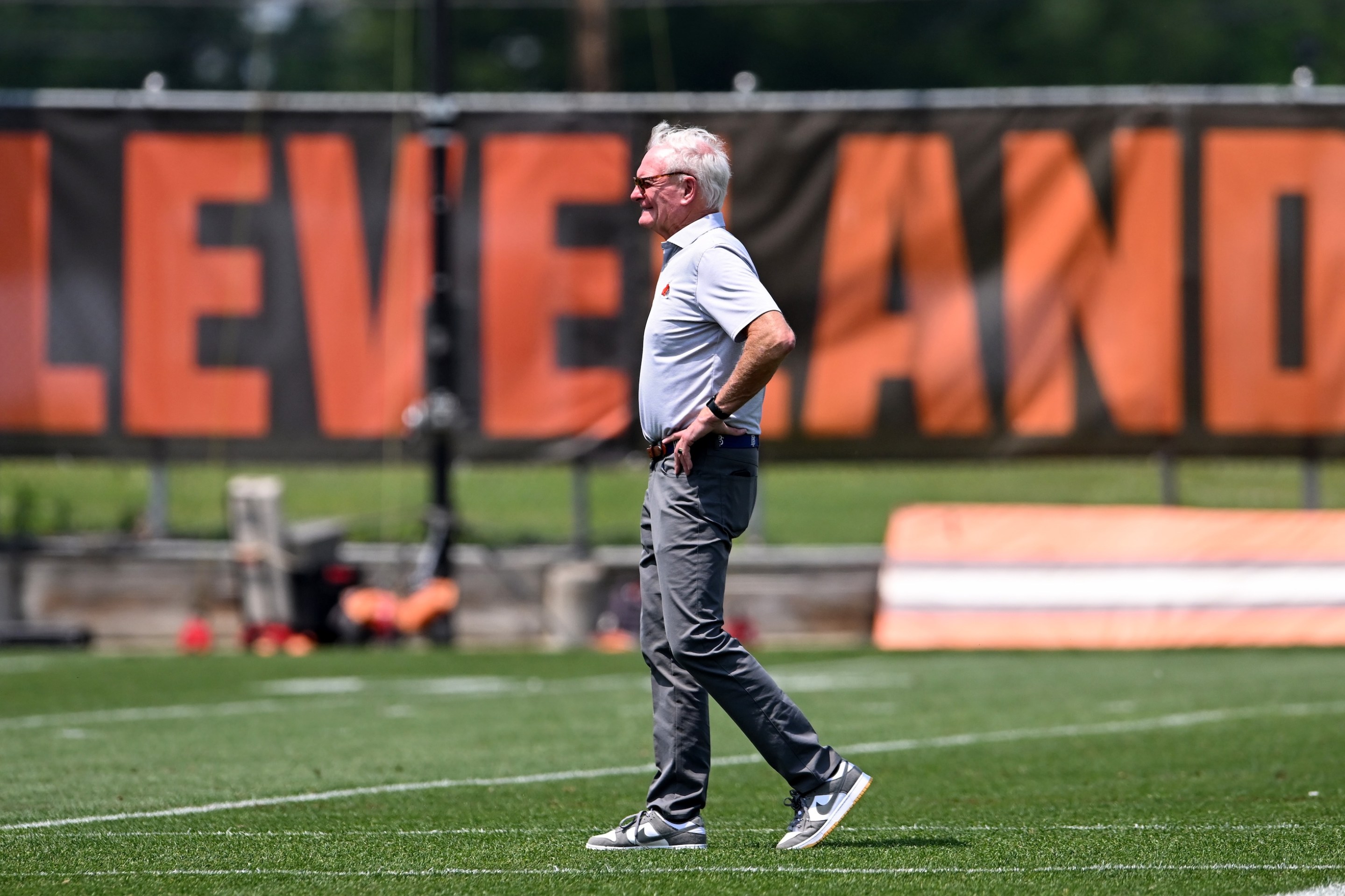 BEREA, OHIO - JUNE 04: Managing and principal partner Jimmy Haslam of the Cleveland Browns looks on during Cleveland Browns OTA offseason workouts at CrossCountry Mortgage Campus on June 04, 2025 in Berea, Ohio. (Photo by Nick Cammett/Getty Images)
